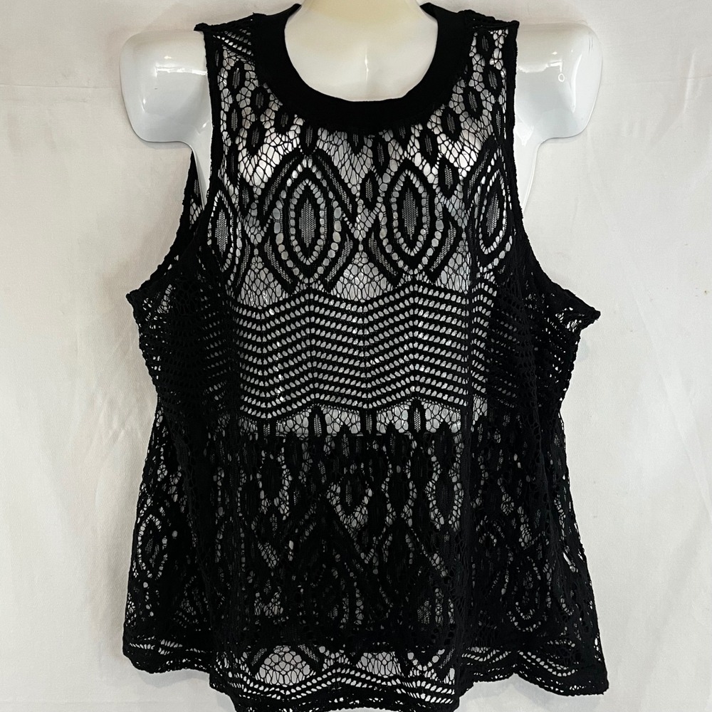 Mirror Image Black Lace Sleeveless Tank Top Geometric Sheer Plus Size 2X